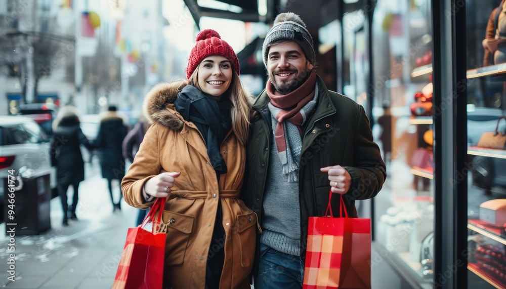 Romantic city shopping, happy couple with bags, Valentine's Day date, vivid and clear photo.