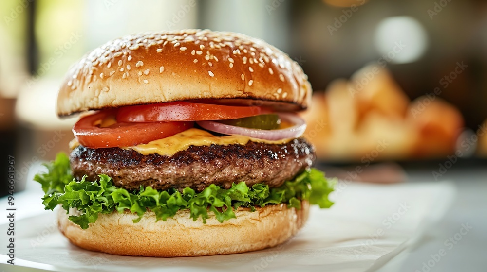 Freshly made burger with all the fixings, on a clean, white restaurant table. Freshly made burger with all the fixings, on a clean, white restaurant table.
