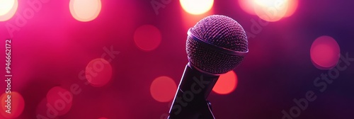 A close-up shot of a microphone on stage with red lights in the background. The microphone is the central focus, symbolizing performance, communication, and entertainment. The red lights add a dramati photo