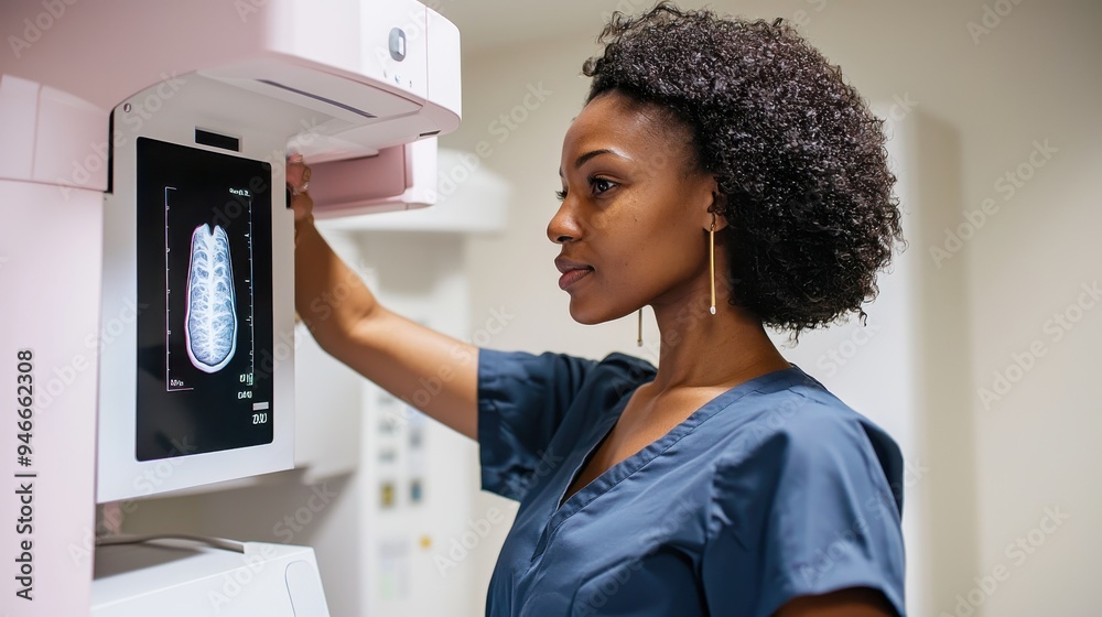 A healthcare professional conducting a breast cancer screening using a mammography machine in a clinical setting emphasizing the importance of routine screenings for early detection and the A healthcare professional conducting a breast cancer screening using a mammography machine in a clinical setting emphasizing the importance of routine screenings for early detection and the