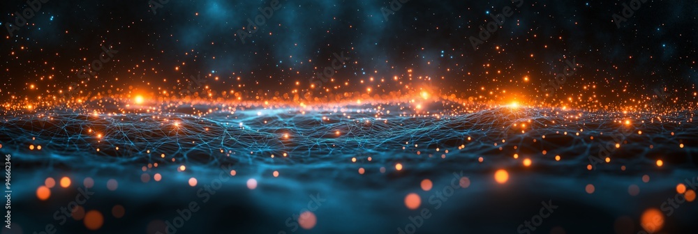 Abstract visualization of glowing digital nodes and connections in a futuristic network, illustrating concepts of data flow, digital communication, and advanced technology Abstract visualization of glowing digital nodes and connections in a futuristic network, illustrating concepts of data flow, digital communication, and advanced technology