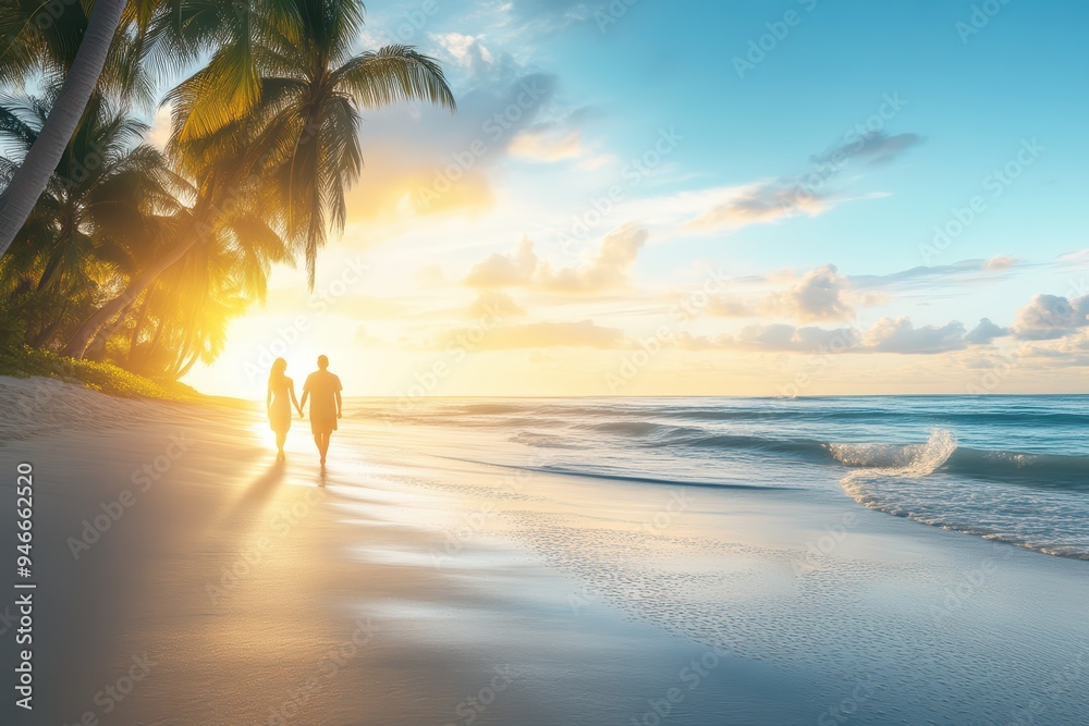A romantic sunset walk on a serene beach, featuring silhouettes of a couple by the sea with palm trees in the backdrop. A romantic sunset walk on a serene beach, featuring silhouettes of a couple by the sea with palm trees in the backdrop.