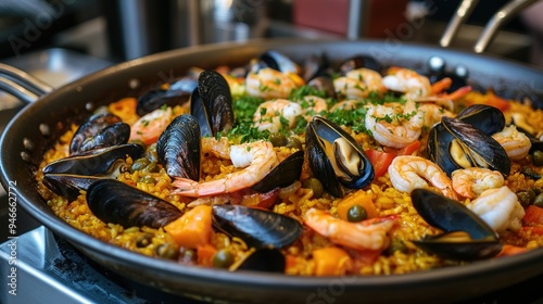 A seafood paella in a large pan, featuring shrimp, mussels, clams, and squid mixed with saffron rice and vegetables