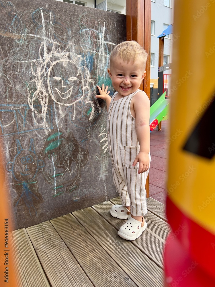 Naklejka premium The child is happy and smiling, satisfied after drawing a picture in the hut on the playground