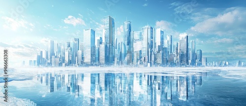 Frozen Cityscape with Reflection in Icy Water photo