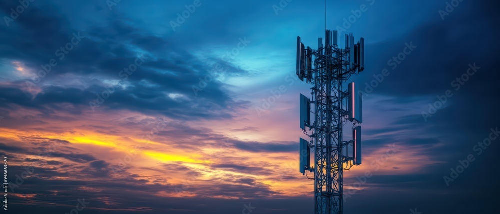 A stunning telecommunications tower against a vibrant sunset sky, showcasing technology and nature's beauty. A stunning telecommunications tower against a vibrant sunset sky, showcasing technology and nature's beauty.