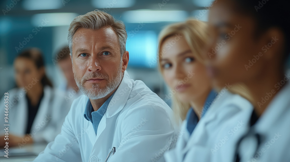 Group of doctors in lab coats sitting at table in conference room, medical consultation, portrait, medicine, hospital, medics, treatment, health, seminar, meeting, therapist, surgeon, presentation Group of doctors in lab coats sitting at table in conference room, medical consultation, portrait, medicine, hospital, medics, treatment, health, seminar, meeting, therapist, surgeon, presentation