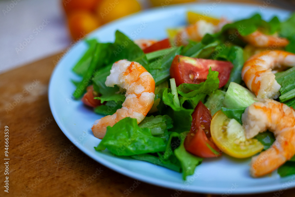 Salad with shrimp with cherry, lemon and vegetables. Healthy food. Homemade simple recipe Salad with shrimp with cherry, lemon and vegetables. Healthy food. Homemade simple recipe