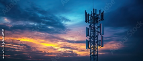 A stunning telecommunications tower against a vibrant sunset sky, showcasing technology and nature's beauty.