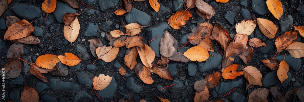 A close-up view of fallen autumn leaves scattered on dark, wet stones, symbolizing change, transition, nature's beauty, the end of a season, and the cycle of life. A close-up view of fallen autumn leaves scattered on dark, wet stones, symbolizing change, transition, nature's beauty, the end of a season, and the cycle of life.
