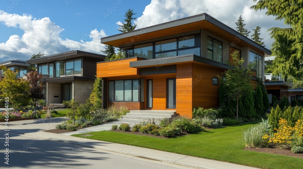 A contemporary home with a wooden exterior, a spacious front yard with lush landscaping, and a modern design with large windows. The home is set on a quiet street with a backdrop of trees. This image A contemporary home with a wooden exterior, a spacious front yard with lush landscaping, and a modern design with large windows. The home is set on a quiet street with a backdrop of trees. This image