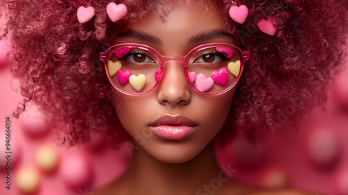 Woman in pink glasses with heart-shaped eyes