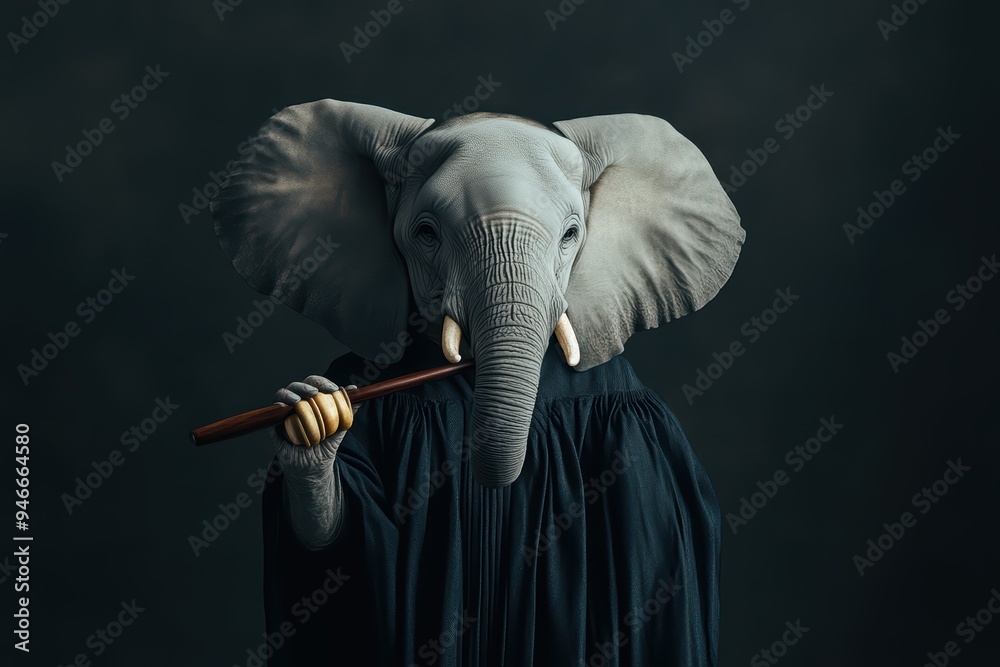 A whimsical portrayal of an elephant dressed in a robe, holding a flute, blending humor and artistry in a striking composition. A whimsical portrayal of an elephant dressed in a robe, holding a flute, blending humor and artistry in a striking composition.