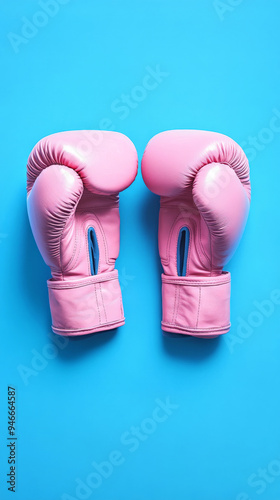 Strength of women fighting cancer: Pink boxing gloves on blue background for breast cancer awareness 