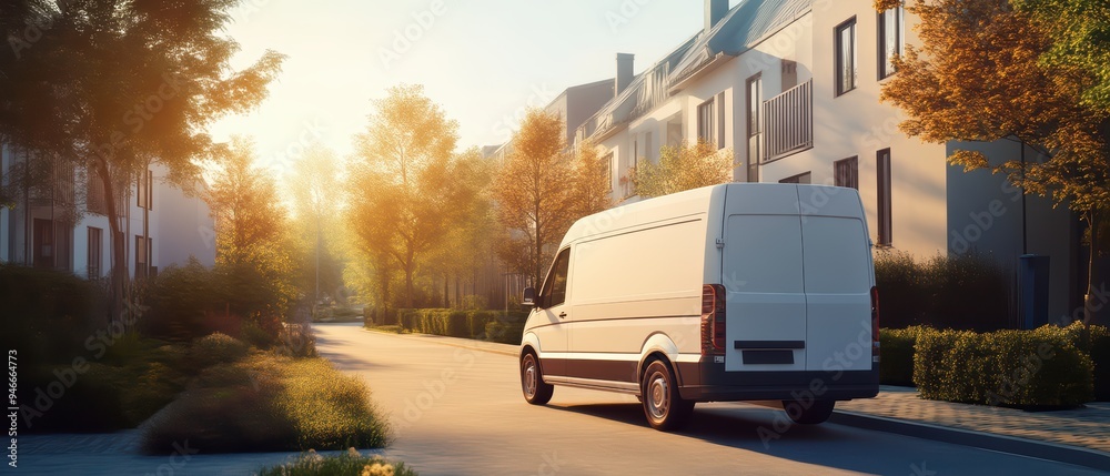 A white delivery van parked on a quiet suburban street during golden hour, surrounded by residential homes and autumn trees. A white delivery van parked on a quiet suburban street during golden hour, surrounded by residential homes and autumn trees.