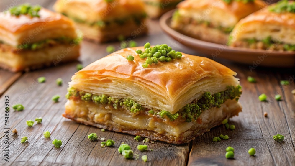 Turkish dessert baklava with pistachios close-up on wooden table Turkish dessert baklava with pistachios close-up on wooden table