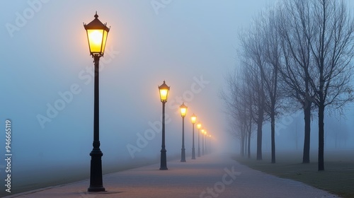 Glowing street lamps in a misty park at dawn, creating a serene atmosphere, early morning glowtime, calm and peaceful