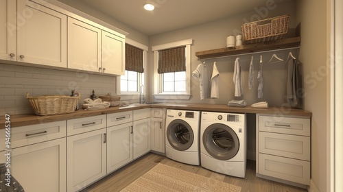 A sun-drenched laundry room, bathed in natural light, showcasing crisp white cabinets and a calming gray backdrop.