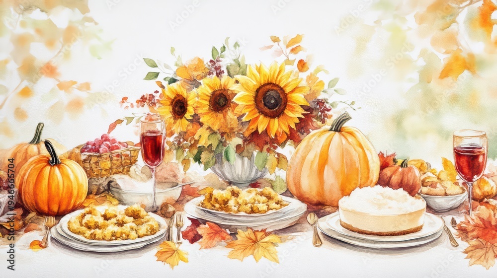 Colorful autumn table setting featuring sunflowers, pumpkins, and seasonal dishes for a warm festive celebration.