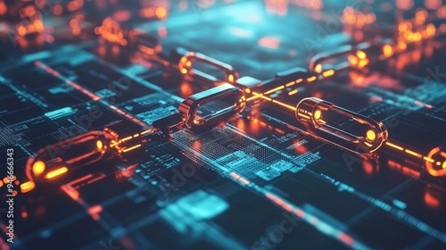 Futuristic Digital Blockchain Network with Glowing Data Nodes and Circuit Board