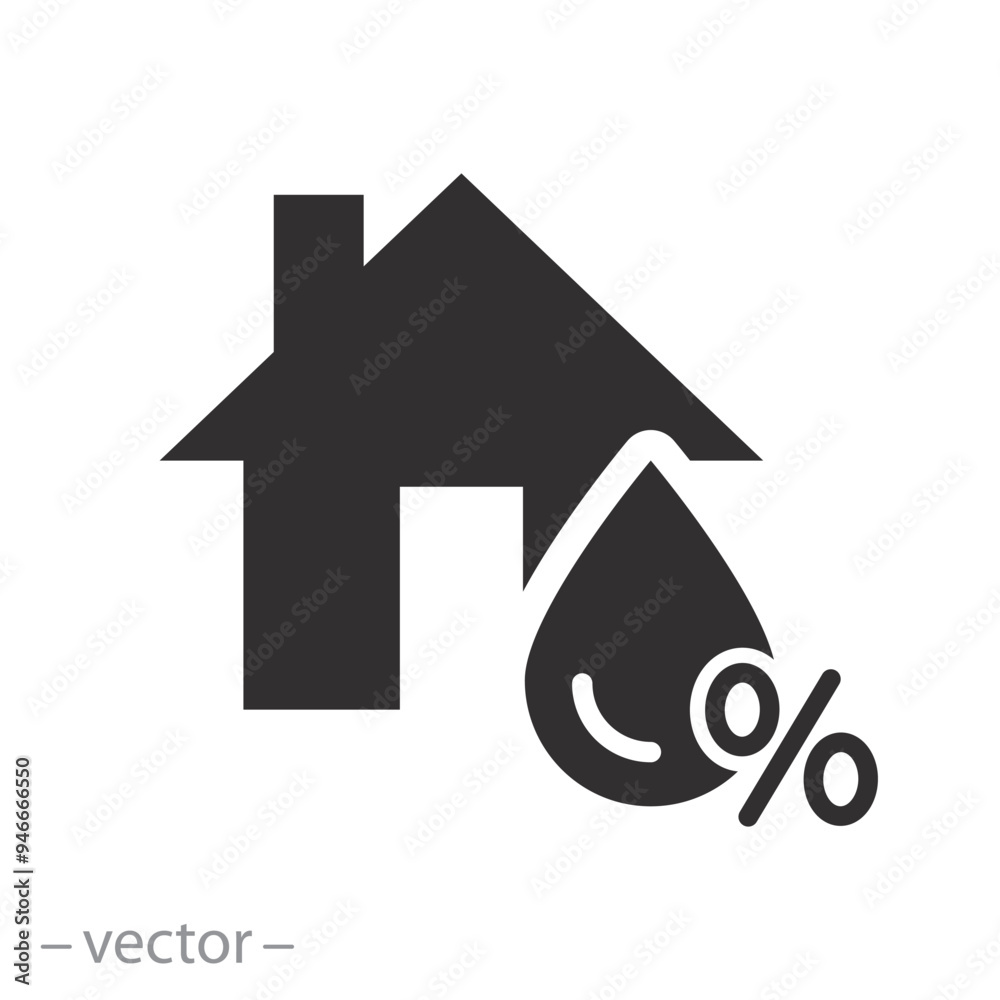 house with water drop icon, indoor condensation problem, home air humidity, flat vector illustration