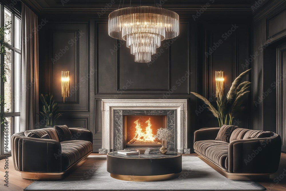 Fototapeta premium Elegant living room featuring a cozy fireplace, modern furniture, and sophisticated lighting for a warm, inviting ambiance.