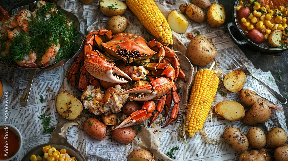 A rustic seafood boil with crab legs, corn on the cob, potatoes, and sausages, served on a newspaper-lined table A rustic seafood boil with crab legs, corn on the cob, potatoes, and sausages, served on a newspaper-lined table