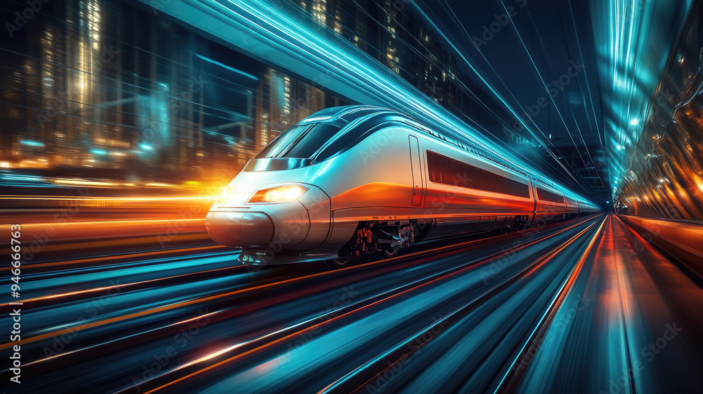 Fototapeta premium High-Speed Bullet Train in Motion at Night Through a Cityscape with Blurred Lights