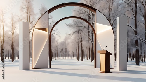 Abstract Winter Scene with Geometrical Forms and Arch Podium photo