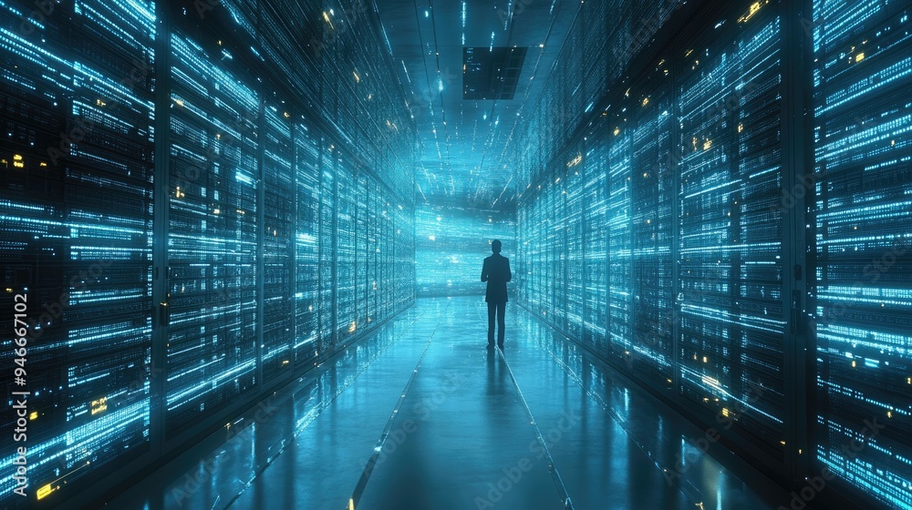 Silhouetted Person in Futuristic Server Room: Data Center, Technology, Cybersecurity, IT Infrastructure Silhouetted Person in Futuristic Server Room: Data Center, Technology, Cybersecurity, IT Infrastructure