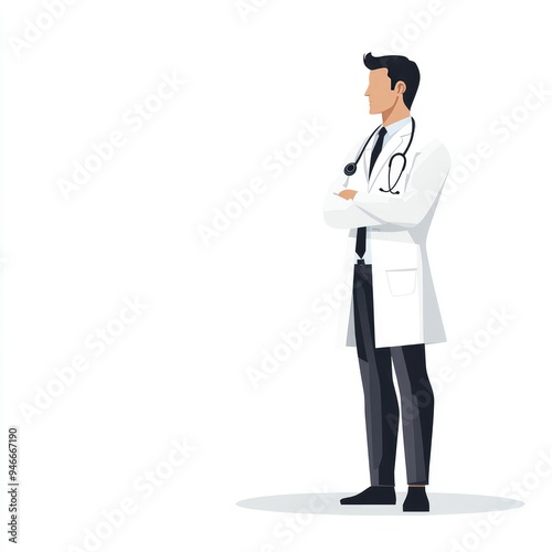 Confident Male Doctor in White Coat with Stethoscope Standing and Looking Away