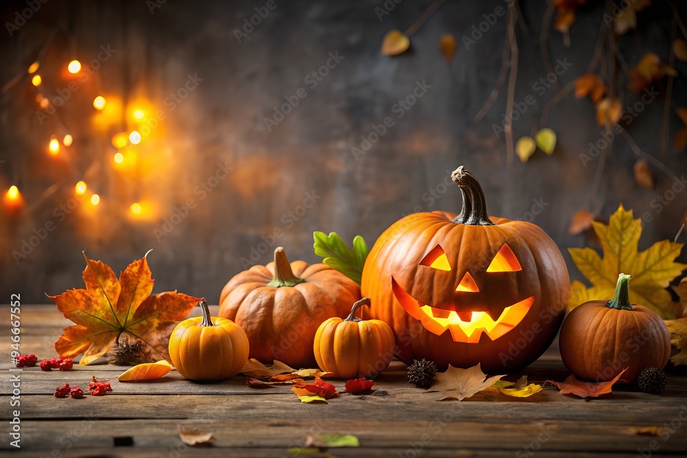 Halloween Night Pumpkin Arrangement with Glowing Jack-O'-Lanterns and Autumn Leaves Halloween Night Pumpkin Arrangement with Glowing Jack-O'-Lanterns and Autumn Leaves