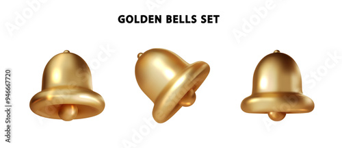 Gold bells 3d isolated on white background PNG. Metal realistic bell vector set. Christmas symbol, notification, school, vintage bell icon.