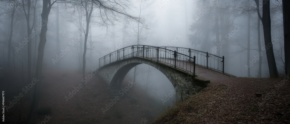 Fototapeta premium Stone Bridge in a Foggy Forest
