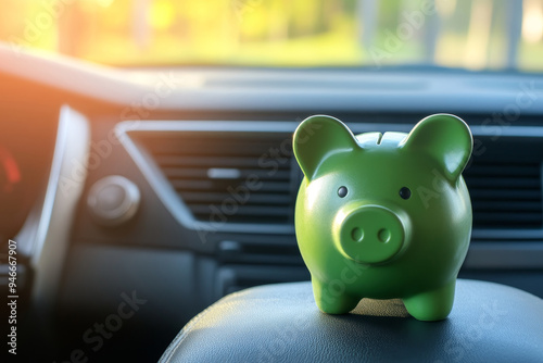 A green piggy bank sits on the seat of a car, symbolizing saving for a new vehicle, financial planning, reaching financial goals, and achieving dreams.