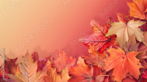Colorful autumn leaves scattered on gradient background transitioning from warm yellow to deep red, providing ideal backdrop for seasonal presentations, sale, promotion, advertisement