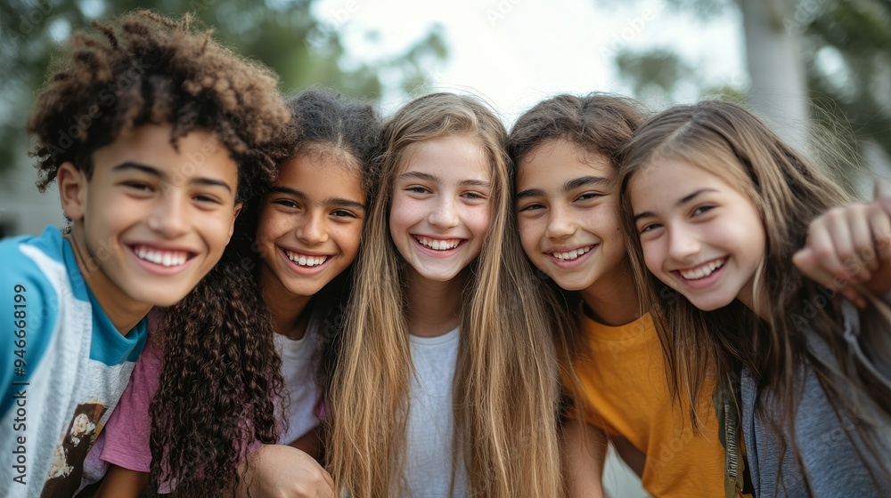 A group of five diverse teenagers, showcasing unity and friendship, with a focus on volunteer work and social responsibility. Their smiles represent positivity and a shared commitment to making a diff