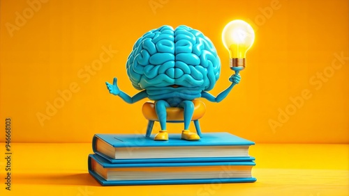 Cartoon brain sitting on books with lightbulb, symbolizing intelligence, creativity, and knowledge