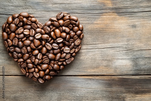 A heart shape formed by roasted coffee beans on a rustic wooden surface. This image symbolizes love, warmth, and the comforting aroma of coffee.