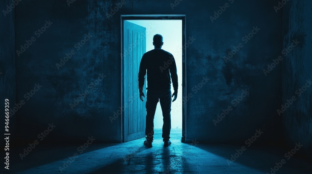 A man stands in a dimly lit room, his silhouette illuminated by the light pouring through an open doorway. He represents a person embracing a new beginning, finding hope in the face of uncertainty, st A man stands in a dimly lit room, his silhouette illuminated by the light pouring through an open doorway. He represents a person embracing a new beginning, finding hope in the face of uncertainty, st