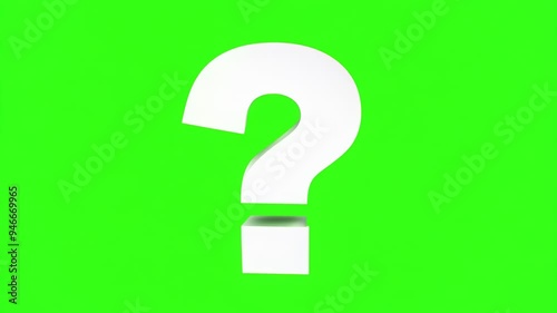 White question mark rotating on itself, on a green screen background