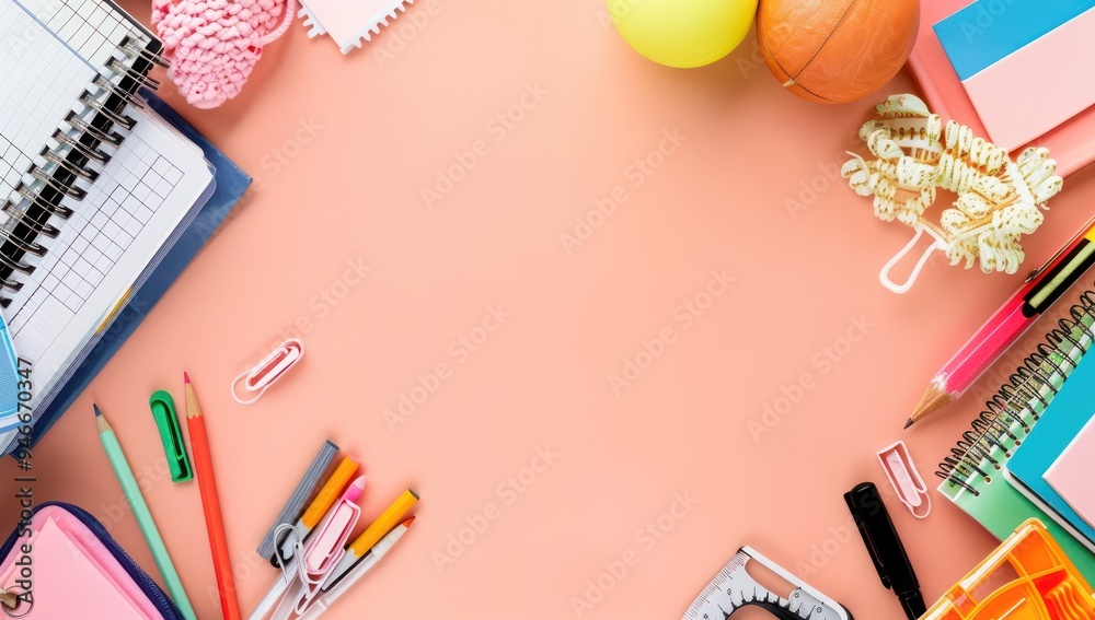School essentials on the left, with space for branding on a pastel peach background School essentials on the left, with space for branding on a pastel peach background