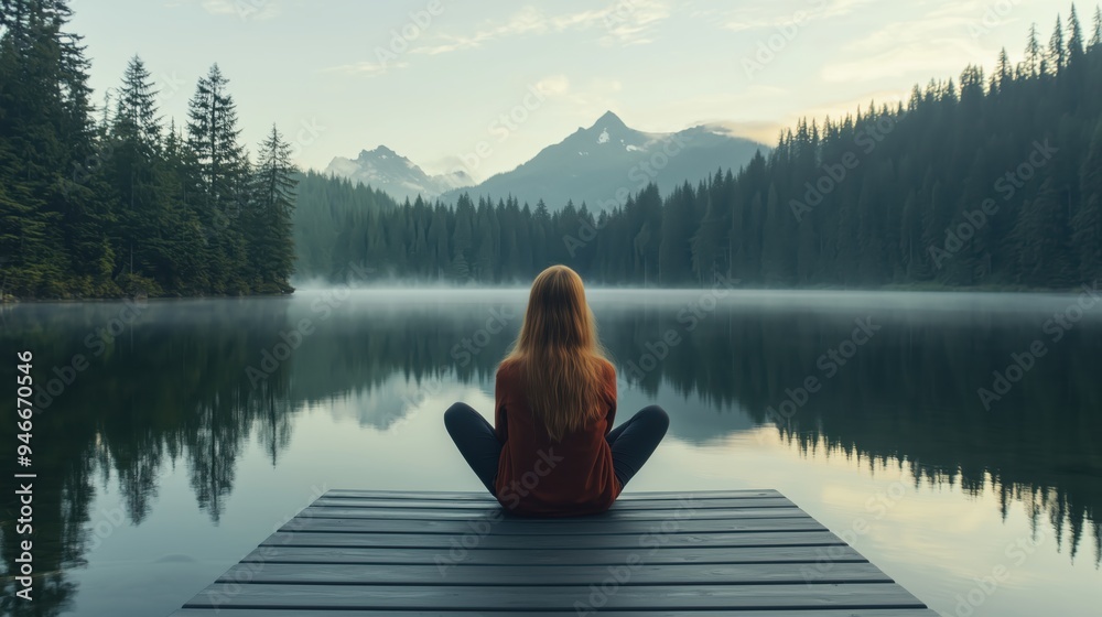 The concept of loneliness. Girl on the Lake with mountains in the background The concept of loneliness. Girl on the Lake with mountains in the background
