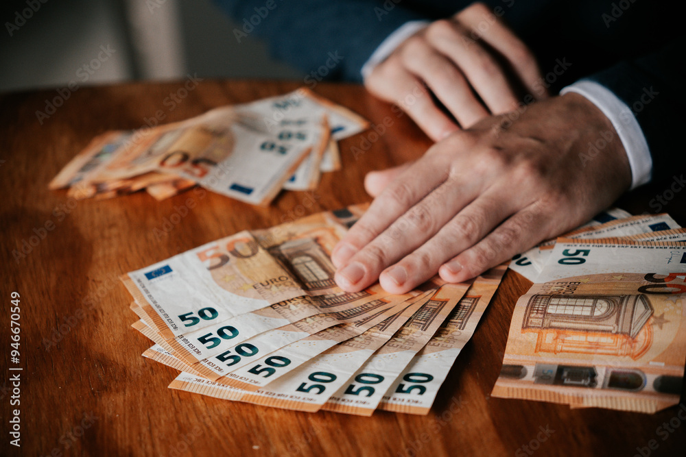 Obraz premium Man counting euro banknotes. Businessman counting money on wooden table.