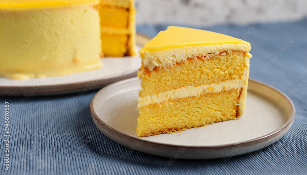 Slice of creamy cake with layers of yellow buttercream and soft sponge on plate. Tasty sweet food Slice of creamy cake with layers of yellow buttercream and soft sponge on plate. Tasty sweet food