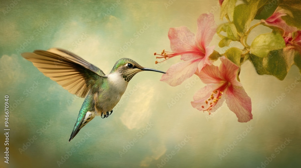 A Hummingbird in Flight, Approaching a Pink Flower A Hummingbird in Flight, Approaching a Pink Flower