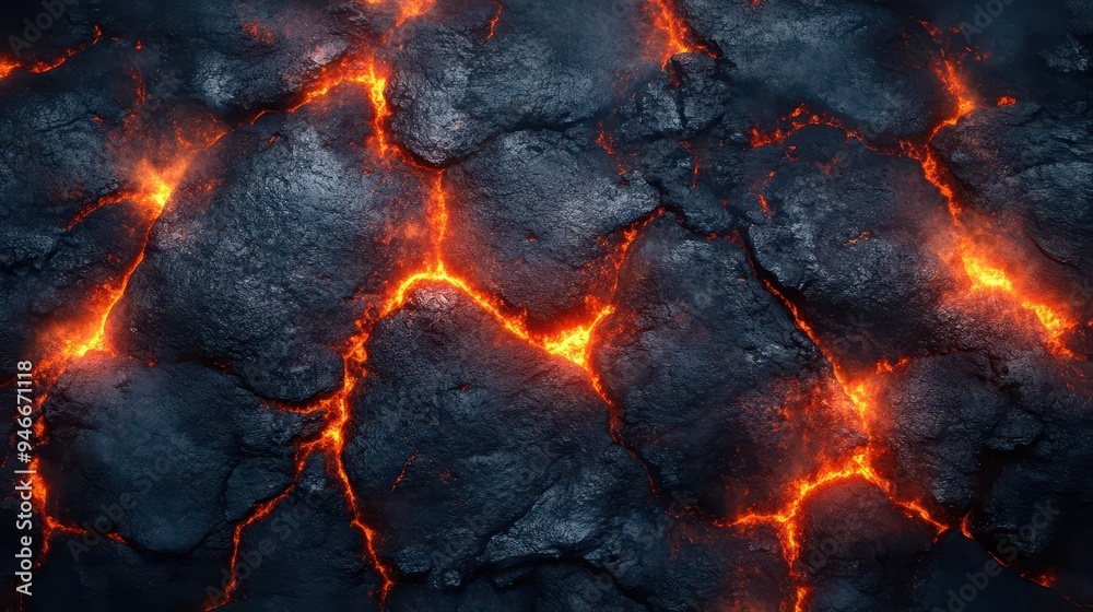 abstract volcanic landscape glowing lava cracks dark textured surface otherworldly red and orange hues smoke and heat distortion effects