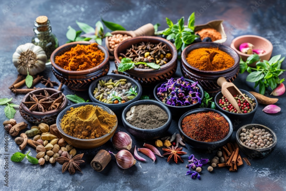 Variety of spices and herbs in ceramic and wooden bowls with fresh leaves and garlic on a dark stone background. Ayurveda, ayurvedic herbs, Generative AI Variety of spices and herbs in ceramic and wooden bowls with fresh leaves and garlic on a dark stone background. Ayurveda, ayurvedic herbs, Generative AI