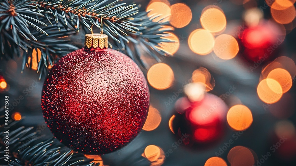 A Christmas ornament is captured closely on a Christmas tree, surrounded by twinkling lights A Christmas ornament is captured closely on a Christmas tree, surrounded by twinkling lights