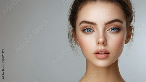 Beautiful young woman with clean fresh skin on beige background, Face care, Facial treatment, Cosmetology, beauty and spa, women portrait. copy space.